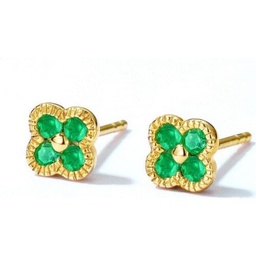 UBESTNICE Pure 14K Gold 585 Natural Green Emerald Four Leaf Clover Stud Earrings For Women Girl Wedding Party Gift Fine Jewelry