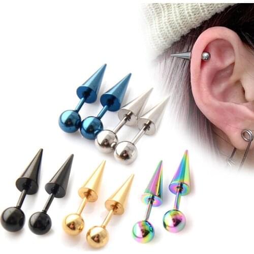 2Pcs Men Women Round Ball Spike Cone Tip Titanium Steel Screw Back Pierced Stud Earrings Punk Gothic Jewelry Gifts