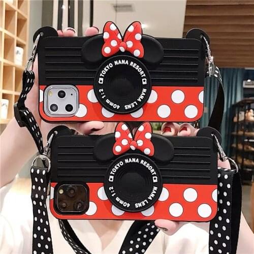 Cartoon Disney Minnie Crossbody Strap Camera Case for iPhone 11 Pro Max 12 Mini XS Max X XR 7 8 Plus Back Cover Silicone Shell