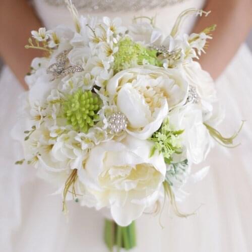 Ivory White & Green Wedding Bouquet Lawn Flower Decor Artificial Peony Holding flowers Bridal Bridesmaid Brides Peony Bouquets