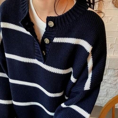 New Women Vintage Stripe Sweater Spring Autumn Loose Oversized Korean Pullover Tops Woman Casual Harajuku Knitted Sweater