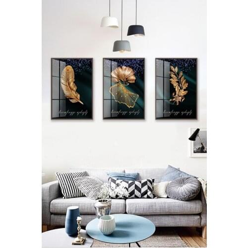 Triptych 5D full square round Diamond Painting Abstract Golden Plant Leaves Feather Leaf Embroidery Diamond Mosaic Cross Stitch