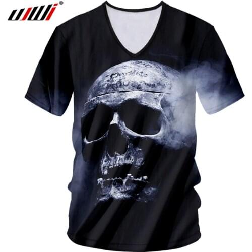 UJWI Mens Hip Hop V Neck Tshirt Mysterious Smoke Skulls Tee Shirt 3D Printed Personality Punk Rock Man T-shirt Large Size 6XL
