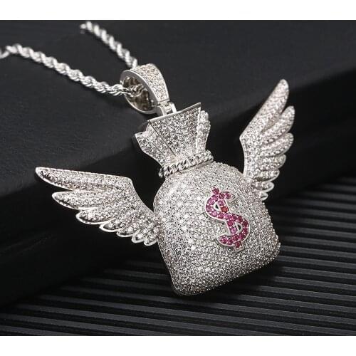 Hip Hop Jewelry Moveon Dollar $ Symbol Purse Angel Wings Necklaces Ornament Rotate 3A Zrcon Charm Pendant For Women Men Gifts
