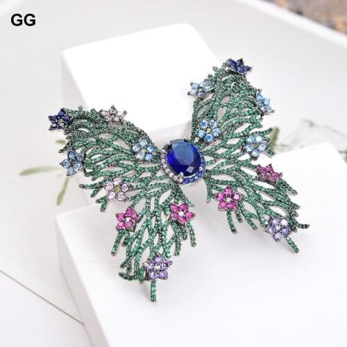 GuaiGuai Jewelry White gold Color plated Green Cubic Zirconia micro pave Butterfly Brooch Pin