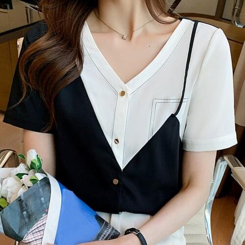 Summer Women Blouse Short Sleeve Chiffon Blouse Shirt Tops Blusas Mujer De Moda 2021 V-Neck Blouse Women Blouses Shirts E940