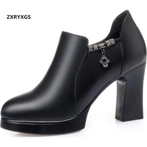 HOT 2020 New Top Cowhide Rhinestones Autumn Shoes Women Black Shoes Fashion Large Size Winter Warm Shoes Women High Heel Shoes