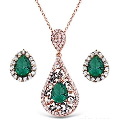 Silver Green Zircon Cubic Zirconia Authentic Necklace Earrings Set Elegant Women Turkish Jewel Elegant Design Emerald Looking Earring Set 925 Set