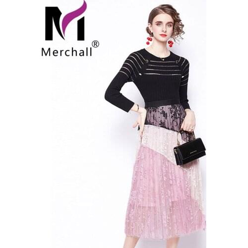 High Quality Autumn Knit Tops and Lace Mesh A-line Long Skirt Two piece Sets Women Runway Design Fashion Knit Set Suits M66740