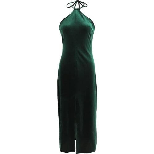 New Pop Women Velvet Halter Midi Dress Sleeveless Slit Elegant Lady Woman Long Dinner Party Dress