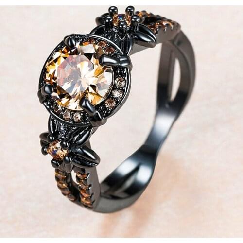 4 Prong Round Champagne Zircon Ring Charming Flower Crystal Stone Rings For Women Vintage Fashion Black Gold Engagement Ring