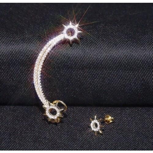 SLJELY Fashion Real 925 Sterling Silver 3 Gold Colors Sun Earrings with Clip Micro Full Cubic Zirconia Stones Women Fine Jewelry