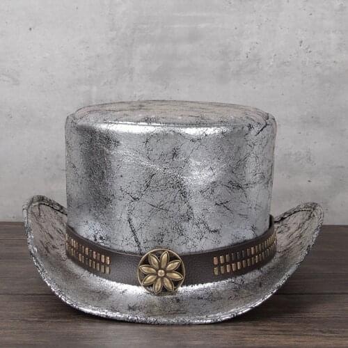 2021 Retro Women Men Leather Top Hat Flat Fedora Hat Magic Steampunk Cosplay Pork Pie Party Caps Dropshiping 13cm