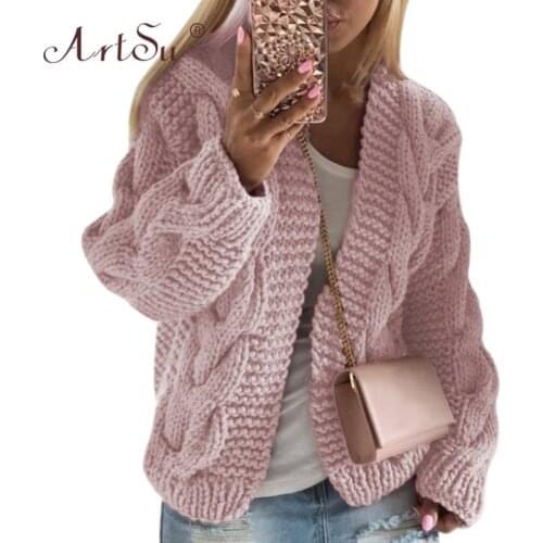 ArtSu 2020 Sweater Women Cardigan Coat Female Casual Long Sleeve Knitted Coat Solid Open Front Sweater Autumn Warm Cardigan