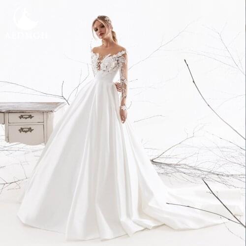 Aedmgh Satin A-Line Wedding Dresses 2021 Sweetheart Long Sleeve Bride Dress Lace Appliques Charming Customized Robe De Mariee