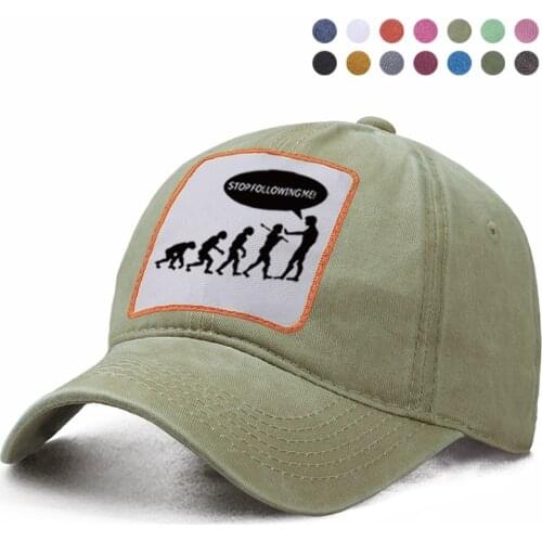 Evolution Stop Following Me Caveman Baseball Cap Dad Trucker Snapback Casquette Hat Woman Berets Ponytail Bone Caps Gorras Hats