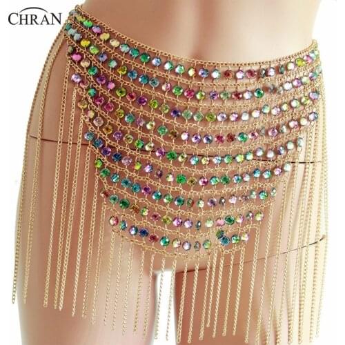 Chran Tassels Sequin Body Chain Rainbow Beaded Gold Chain Skirt Sexy Mesh Belly Dance Chain