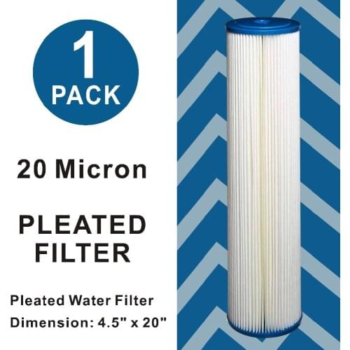 20 Micron - High Flow Whole House Sediment Pleated Filter Cartridge, Washable 20" L x 4-1/2" OD Big Blue Water Filter