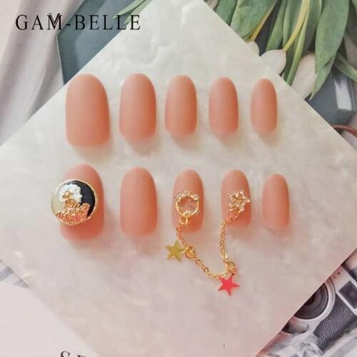 GAM-BELLE Matte False Nails With 3D Rhinestones Chain Decor Long Ellipse Full Cover Nail Art Tips Press on Nails Manicure Tool