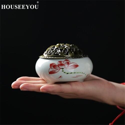 Creative Coil Censer Burners Home Decor Ceramic Stick Burner with Copper Cover Buddha Sandalwood Incense Holder Censer Ornaments