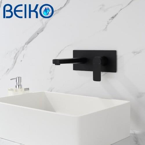 Matt Black Basin Faucet Wall Mounted Washing Basin Mixer Tap Single Lever Swive Spout Concealed Install Hot Cold Water Tap