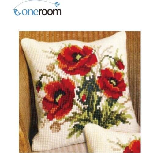 N3TH CX0272 Red Poppy DIY Acrylic Yarn Embroidery Pillow Tapestry Canvas Cushion Front Cross Stitch Pillowcase