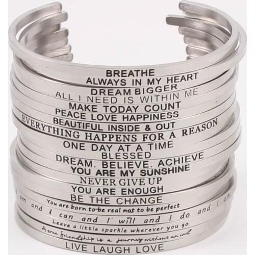 New Silver Stainless Steel Bangle Engraved Positive Inspirational Quote Handmade Cuff Mantra Bracelets For Women Best Gifts