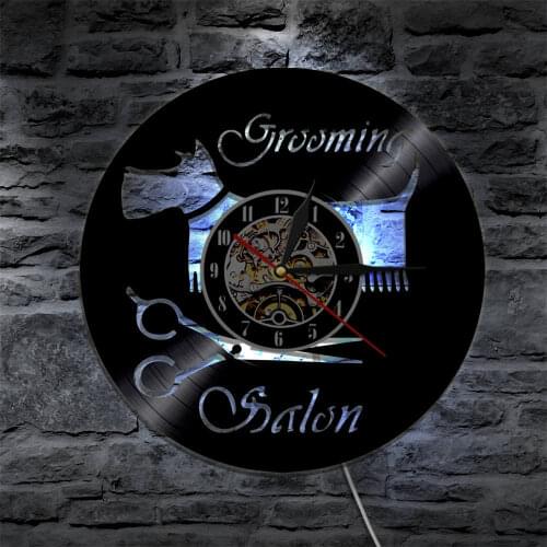 Groomer Scissor Wall Art Clock Pet Grooming Vintage Vinyl Record Clock Puppy Shop Salon Wall Sign LED Light Pet shop Wall Decor