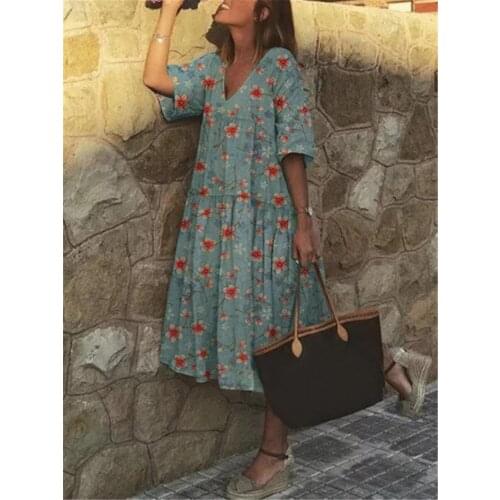 Sexy Women Long Dress 2020 Women Floral Print Loose Ruffle Bodycon Dresses Autumn Short Sleeve V Neck Party Dress Vestidos
