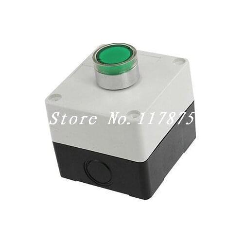 Plastic Casing Green Round Cap Push Button Switch Control Box AC 240V 3A