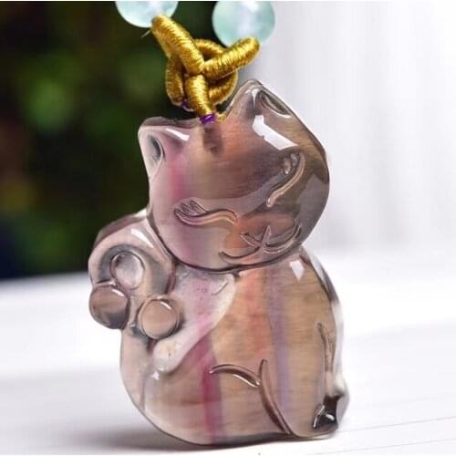 Natural fluorite cat pendant random color man and woman necklace crystal ornaments gift
