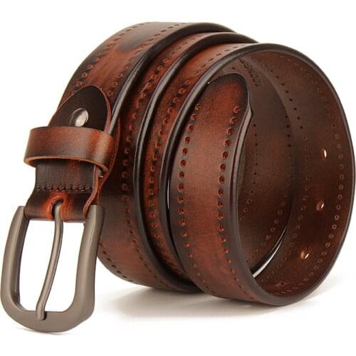Luxury leather belt male genuine leather belts for men vintage brown color jean pin buckle strap cow skin 3.4cm width