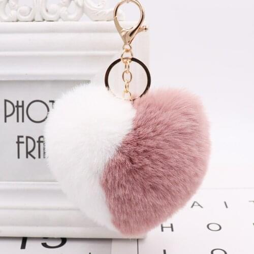 Love Heart Pompom Ball Plush Toy With keychain for Women Purse Bag Charm Pendant Pom Pom Round Ball