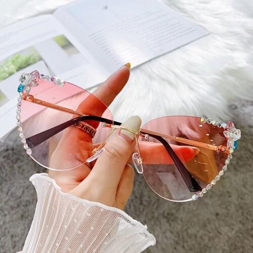 Luxury Rhinestone Bling Diamond Fashion Cat Eye Sunglasse Women 2021 Brand Desinger Vintage Sun Glasses Gradiend Pink Shades