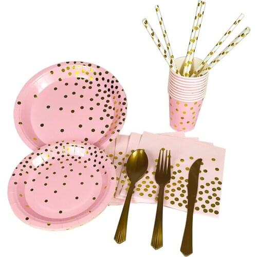 Pink Bronzing Gold Dot Birthday Party Decoration Tableware Set Wedding Party Paper Cup Plate Disposable Tableware Supplies Set