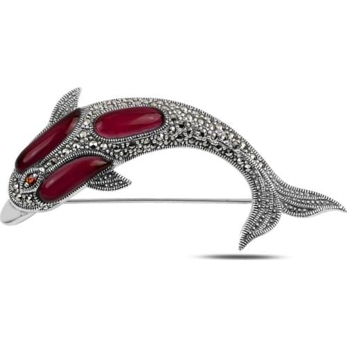 Silverlina Silver Dolphin Fish Natural Stone & Marcasite Gemstone Brooch