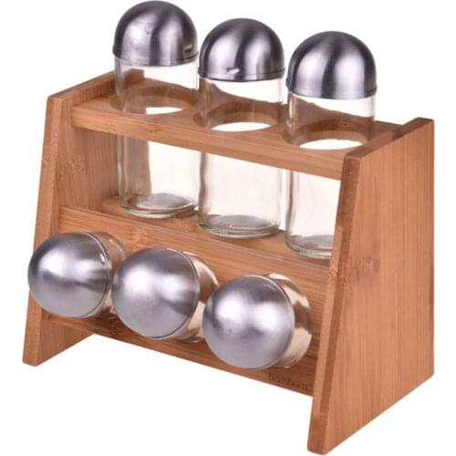 Spice Rack Jar Organizer Container Set of 9 Glass Jar With Bamboo Stand Spice Sugar Rice Holder Bottle Kitchenware Spice Kitchen