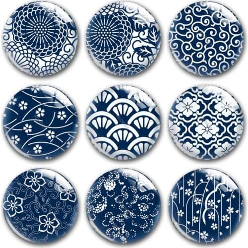 Handmade Blue and white wave flower Round photo glass cabochons demo flat back DIY collier jewlery Making findings accessory