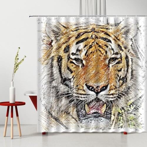 Tiger Shower Curtain Lion Leopard Elephant Africa Wild Animal Hand-Painted Polyester Bathroom Decor With Hook Bathtub Curtains