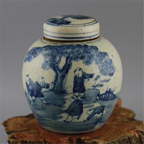Chinese Conventional Hand Painted Blue And White Old Pot of Children Playing in Late Qing Dynasty