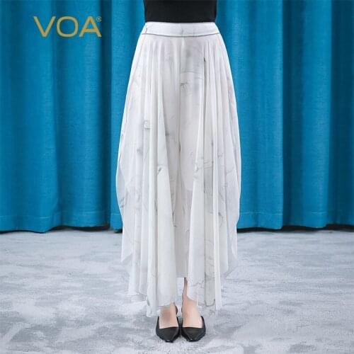 VOA Silk Double Layer Georgette with Ink Splashing Simple and Natural Waist Hem Wide Slit Elegant Capris KE286 Pants for Women
