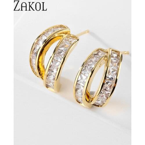 ZAKOL 2021 New Geometric Elements Arc Inlaid Zircon Stud Earrings Korean Women Jewelry Fashion Students Versatile Accessories