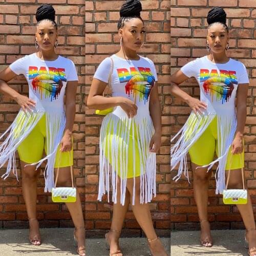 Casual Tassel T-shirt Sexy O Neck Long Tops Women Summer Y2k Clothes 2021 Fashion Printed Streetwear Ladies Short Sleeve Shirts