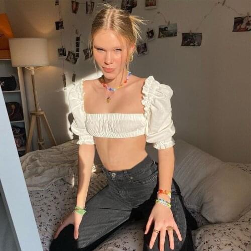 2021 New Fashion Woman Girls Puff Sleeve Square Collar Solid Color Crop Tops T-shirt Summer Clothes