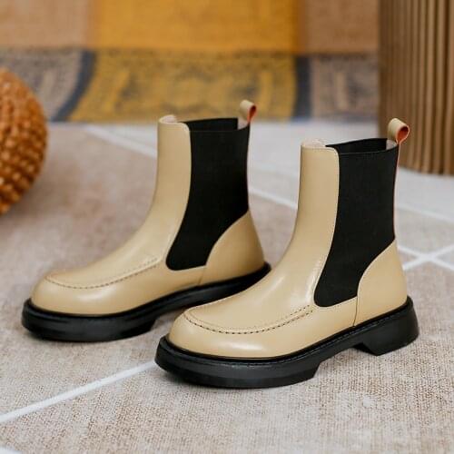 SKLFGXZY 2021 Ankle Chelsea Boots Platform Women Cow Leather Round Toe Elastic Band Thick Sole Ladies Shoes Handmade