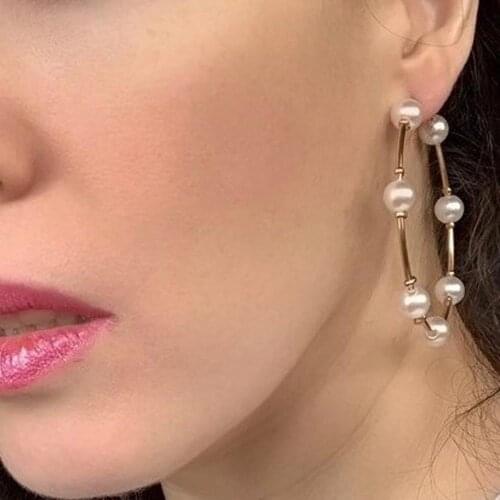 Round Metal Statement Hoop Earrings For Women Charm Imitation Pearl Earrings Hoops Big Fashion Jewelry Gold Color UKMOC