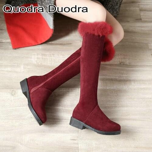 Fur boots The knee-high Wine Red new winter women warm plush boots block high heels snow boots woman zipper solid plus 43 48