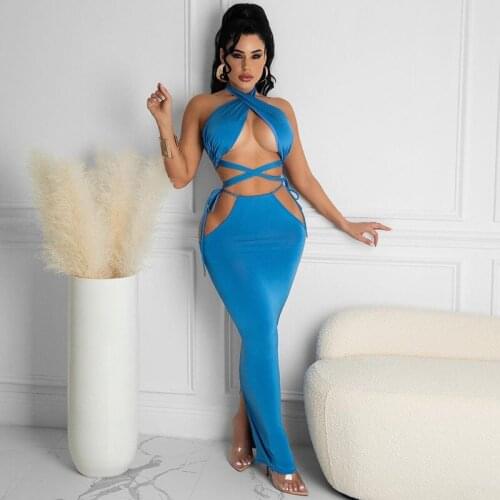 ANGELS Breast Wearing Bikini Two Piece Set Solid Women Long Skirt Sexy Sleeveless Lace Top + Hollow Out Dress Outfit AG31936
