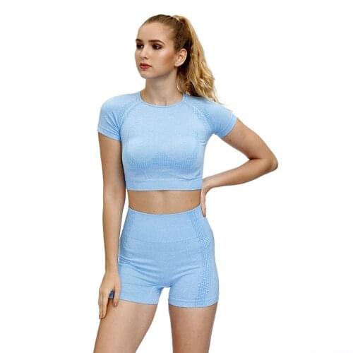 Women Short Sleeve Gym Set 2 Piece Vital Seamless Sport Suit Sport Clothes Fitness Crop Top Shirt High Waist Shorts Sportswear