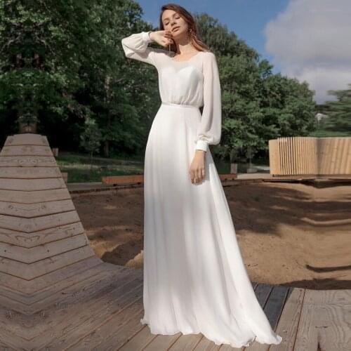 Simple Long Sleeve Wedding Dress Summer 2021 Robe Bridal Chiffon Long A Line Wedding Dresses Floor Length Vestidos de novia